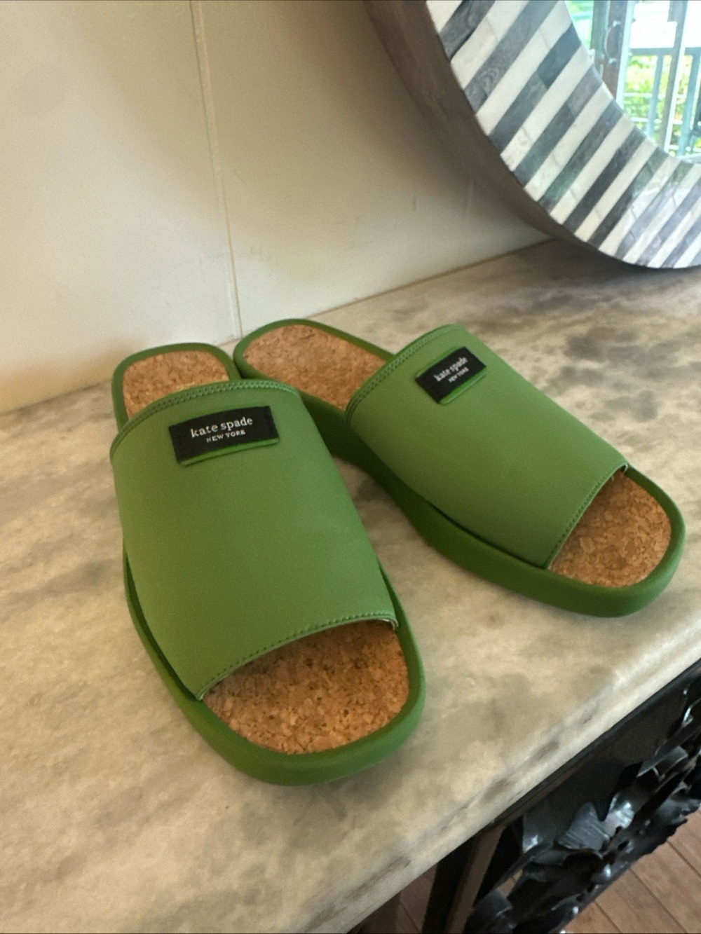 kate spade green slide sandals with cork footbed